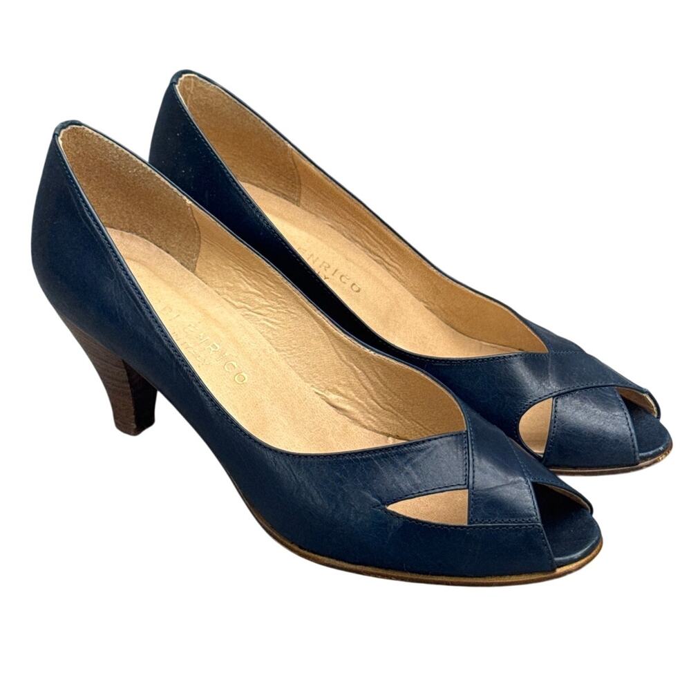 Gerri Enrico Vintage Navy Blue Italian Leather Peep Toe Wood Pump Heel Women 6